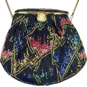 Vintage Art Deco Beaded Evening Bag Multicolor Clutch Disco Boho Glam